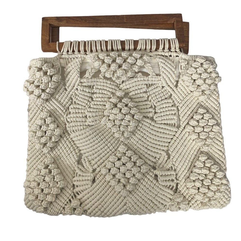 Cleobella Purse Macrame Handbag Wooden Handles White Brown New 12x14 Tote